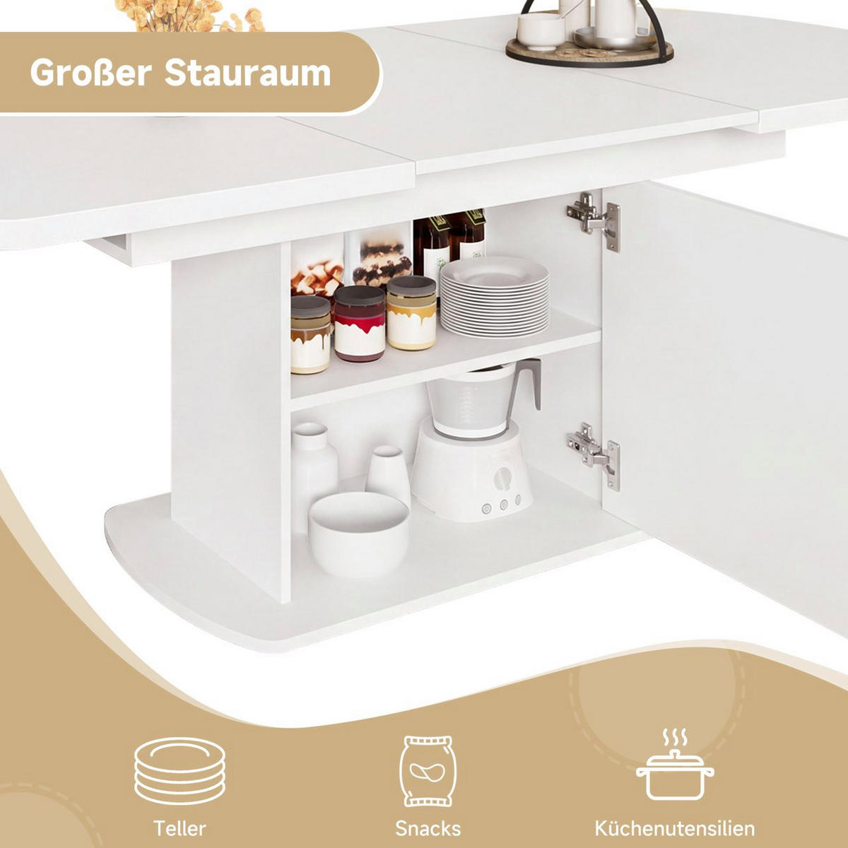 ESSTISCH Multifunktionaler Arbeitstisch mit ausziehbarer Funktion und Stauraum, Schränke unter Tisch, Esszimmer - Weiß, Holzwerkstoff/Metall (200/80/75cm) - EVRYAE