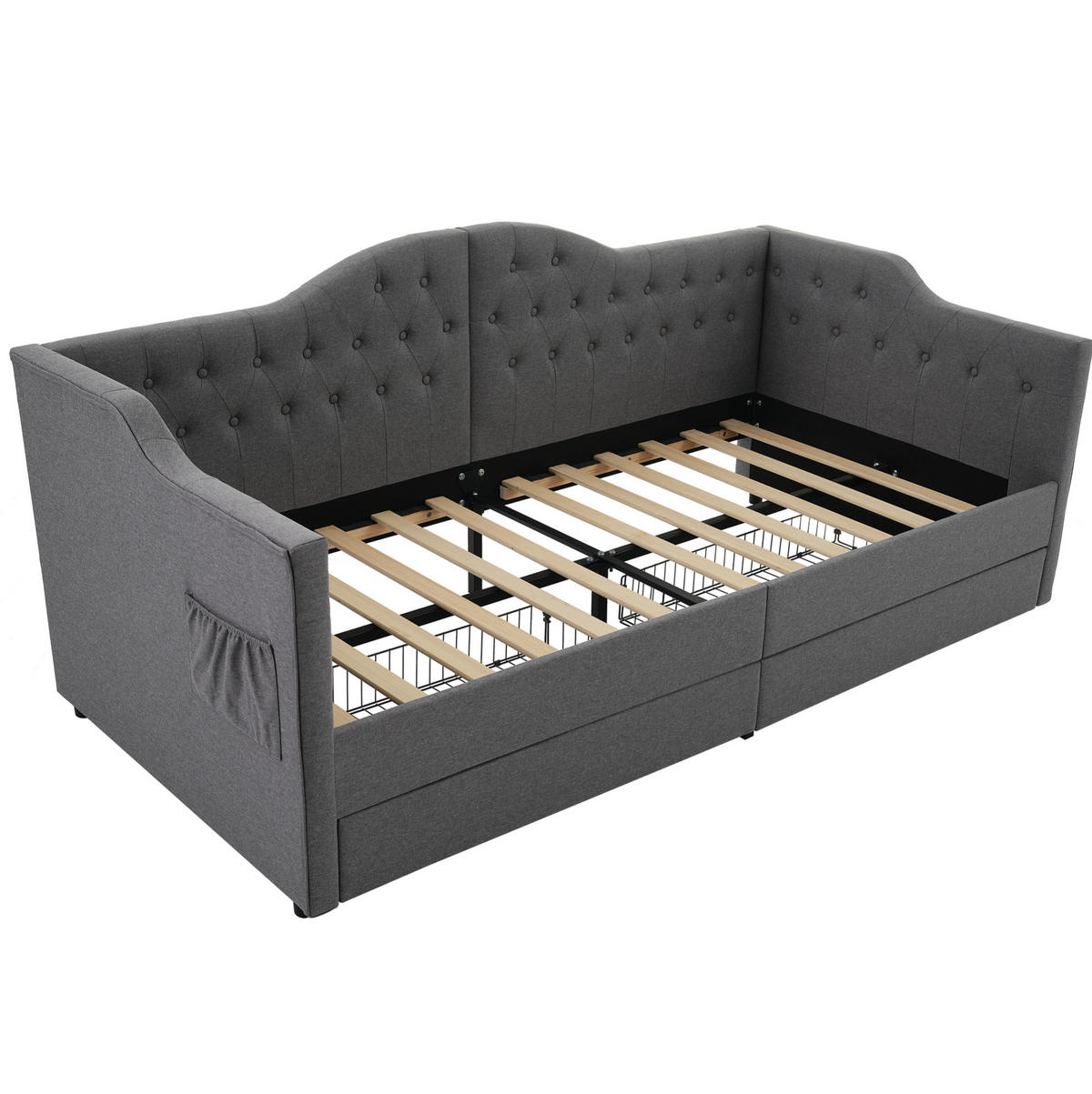 POLSTERBETT 90/190 cm mit 2 Schubladen, USB-C und gepolstertem Kopfteil - Grau, Textil (90/190cm) - BEAOK