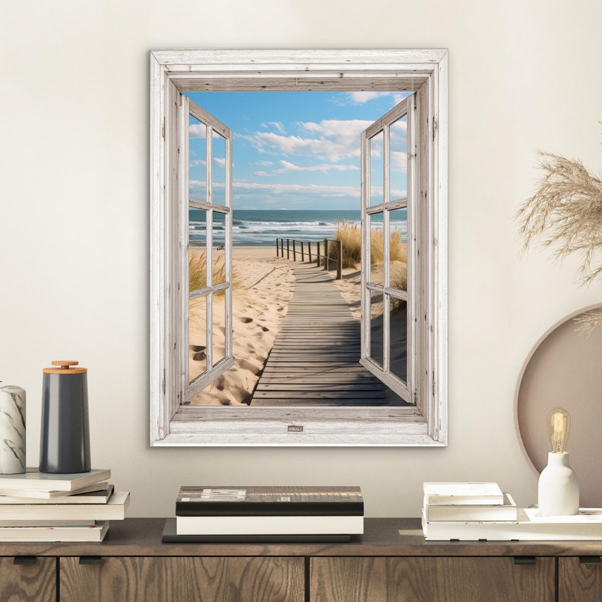 KOVOVÝ OBRAZ Okno - more - pobrežie - príroda - výhľad - pláž - Waddenské more 30x40 cm - béžová, kov (30/40cm) - MuchoWow