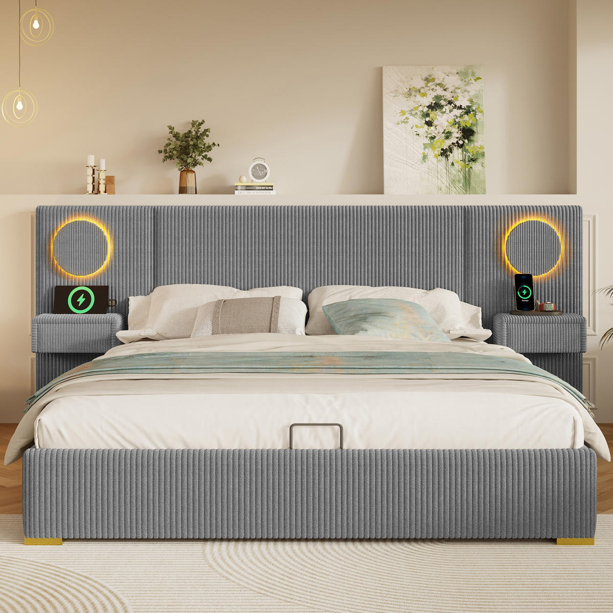 POLSTERBETT 180x200 cm in Grau mit LED-Kopfteil, USB-Anschlüssen und Stauraum - Grau, Textil (180/200cm) - IVMEU