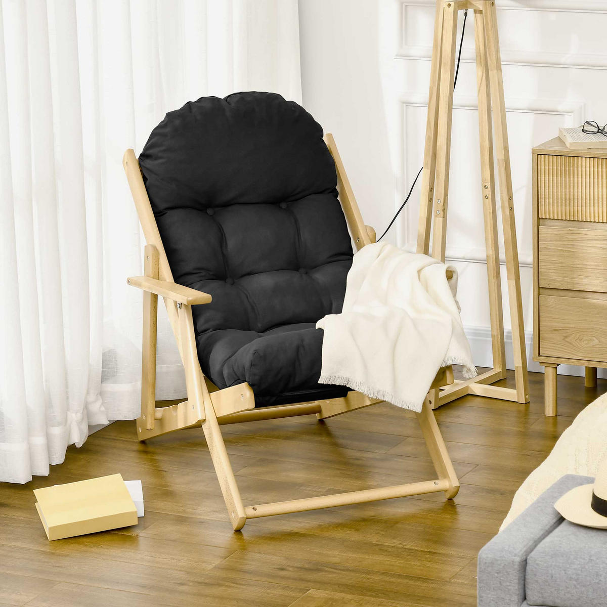 KLAPPSTUHL DE-13267 3-fach verstellbar & dickes Polster - Schwarz, Holz (89/96/71cm) - ComfortXL