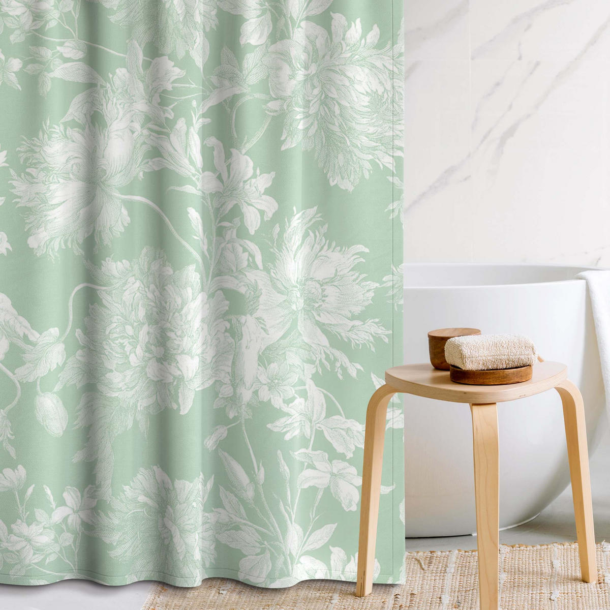 DUSCHVORHANG Floraler Kupferstich Weißgrün 200/180 cm - Grün, Textil (200/180cm) - Bilderwelten