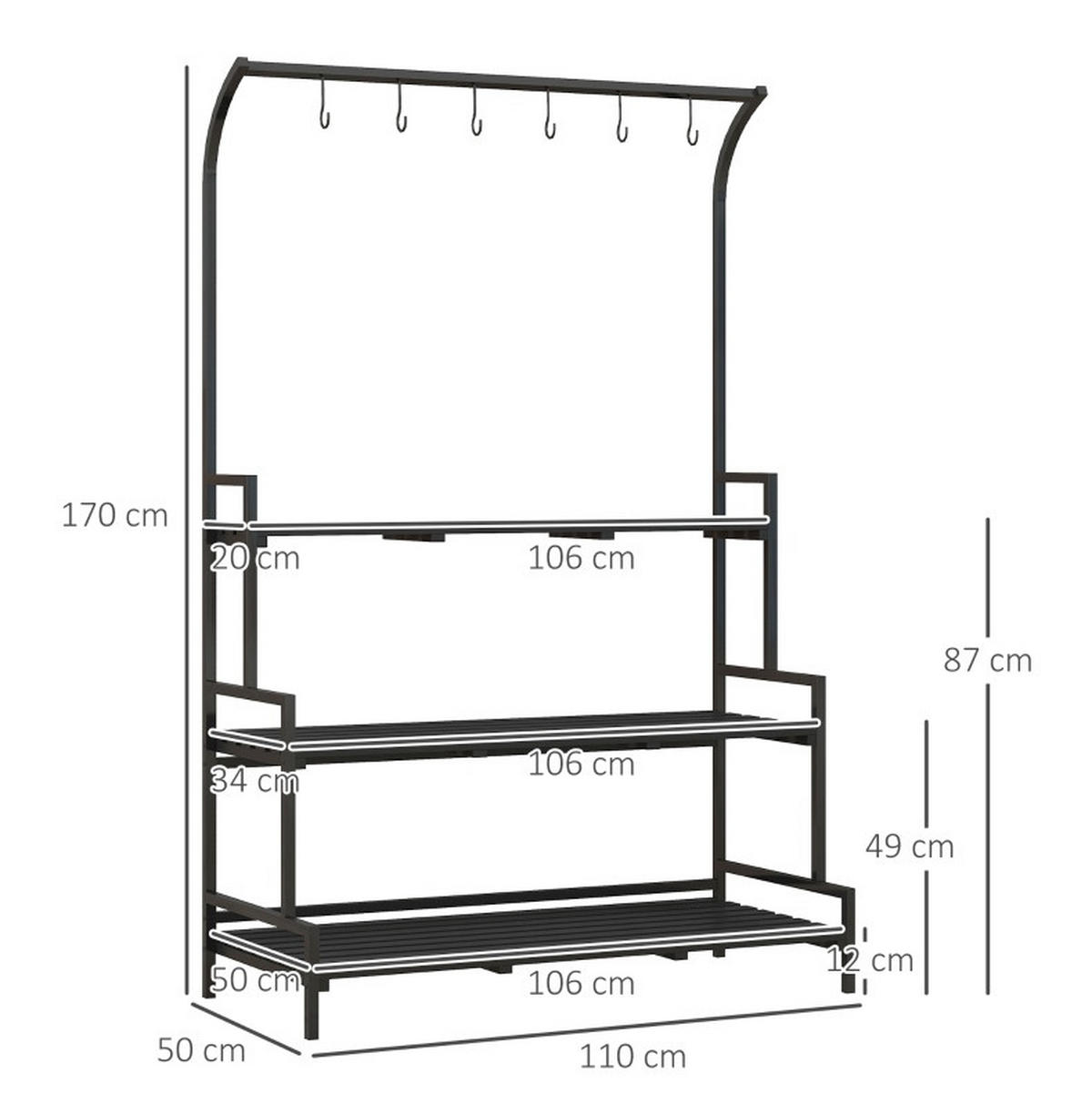 GARTENREGAL aus Metall 110x50x170 cm Schwarz mit 3 Ebenen & 6 Haken - Schwarz, Metall (50/170/110cm) - Modfu