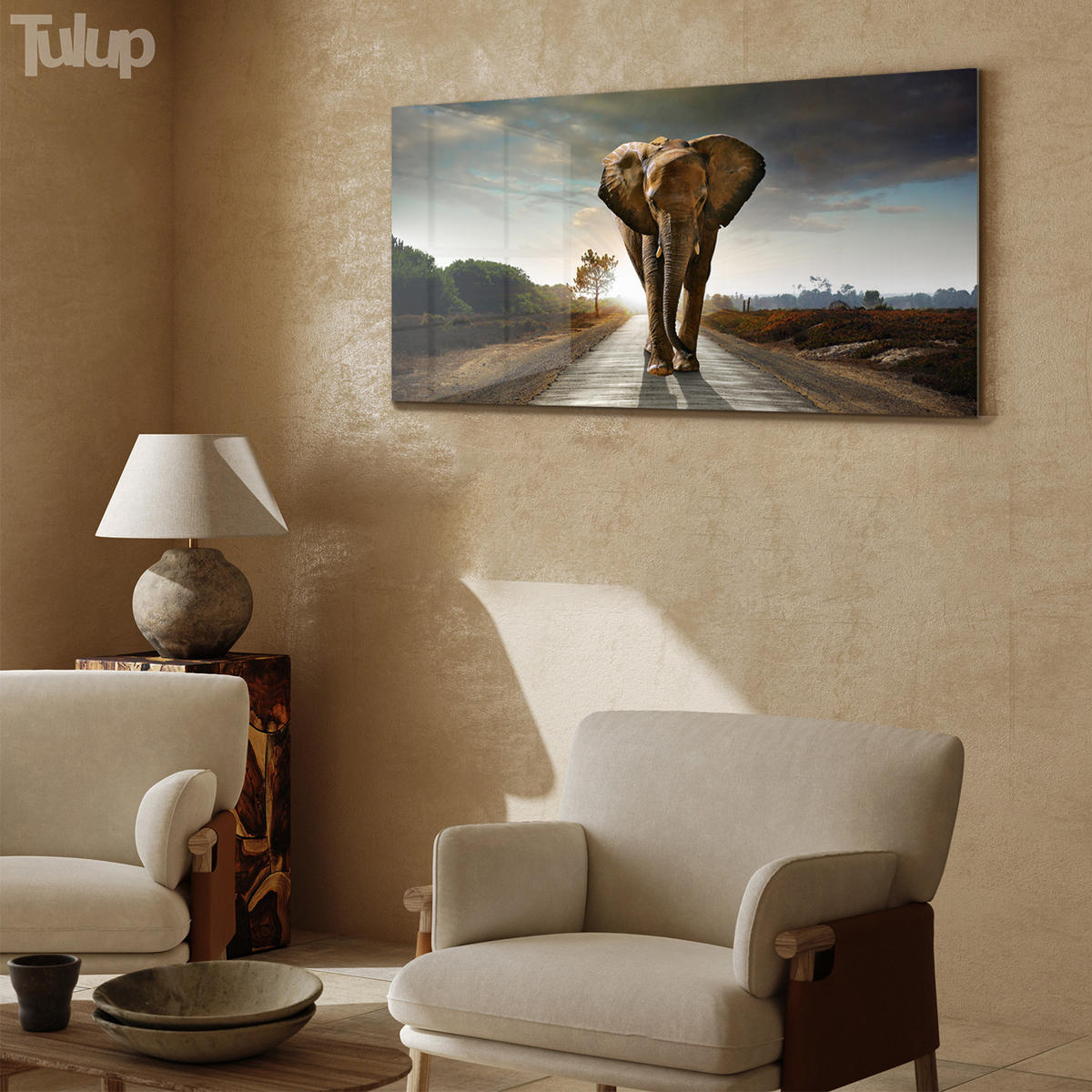 GLASBILD 120x60 cm Safari-Sonnenuntergang - Mokka, Glas (120/60cm) - TULUP