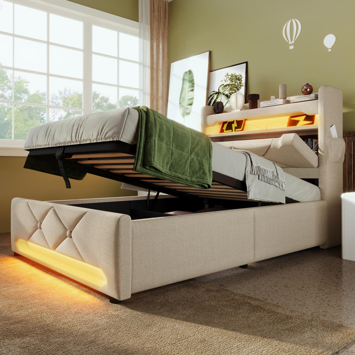 POLSTERBETT 90/200 cm Beige mit Stauraum, LED-Beleuchtung und USB-Anschlüssen - Beige, Textil (90/200cm) - Flora Grace