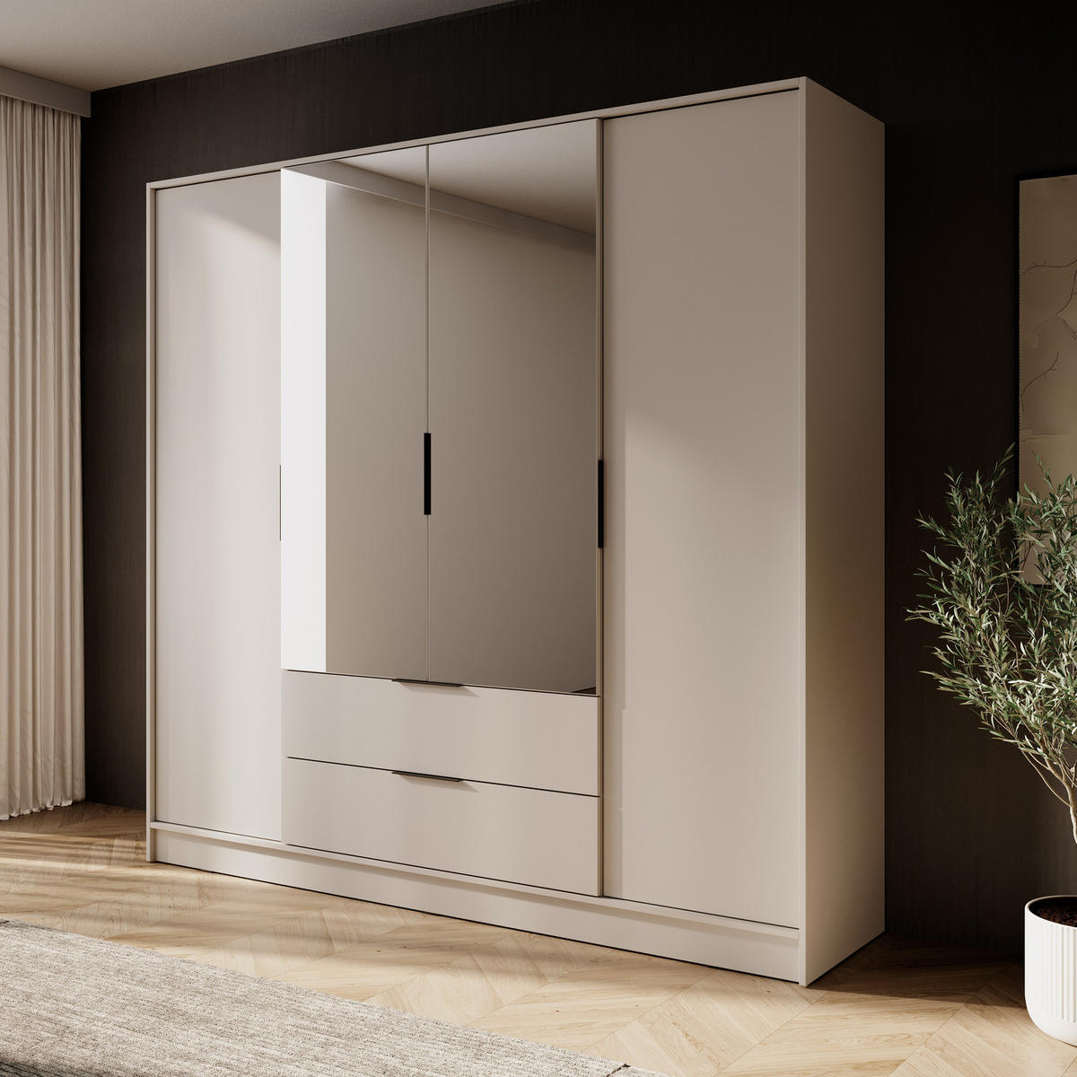 GROSSER Kleiderschrank RICADI 4DL (Kaschmir, Spiegel, 4 Türen, 2 Schubladen, Kleiderstange, Kunststoffgriffe) - Kaschmir/Schwarz, Holz/Holzwerkstoff (206/200/51cm) - Ravio