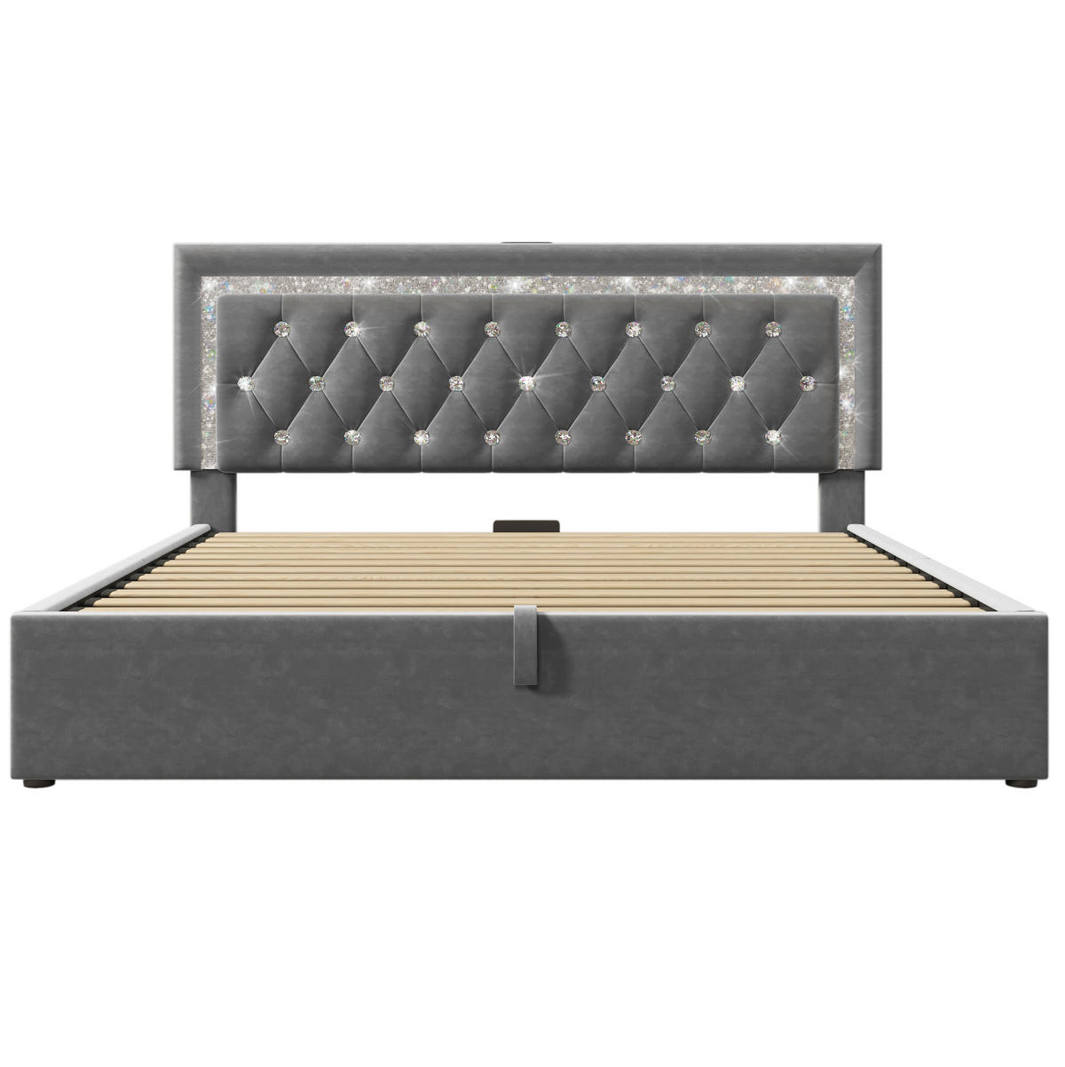 POLSTERBETT aus Samt 140x200 cm Grau mit LED, USB- und Type-C-Anschluss sowie Bettkasten - Grau, Textil (140/200cm) - IVMEU