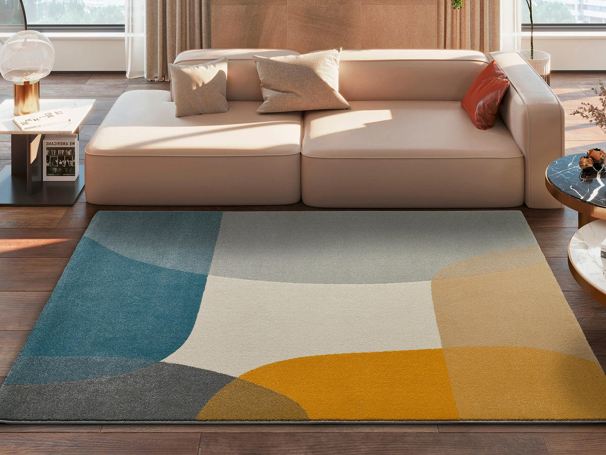 WEBTEPPICH mit geometrischem Muster Cremefarben Senfgelb und Blau Monic 160/230 cm - Blau/Multicolor, Naturmaterialien/Textil (160/230cm) - Atticgo