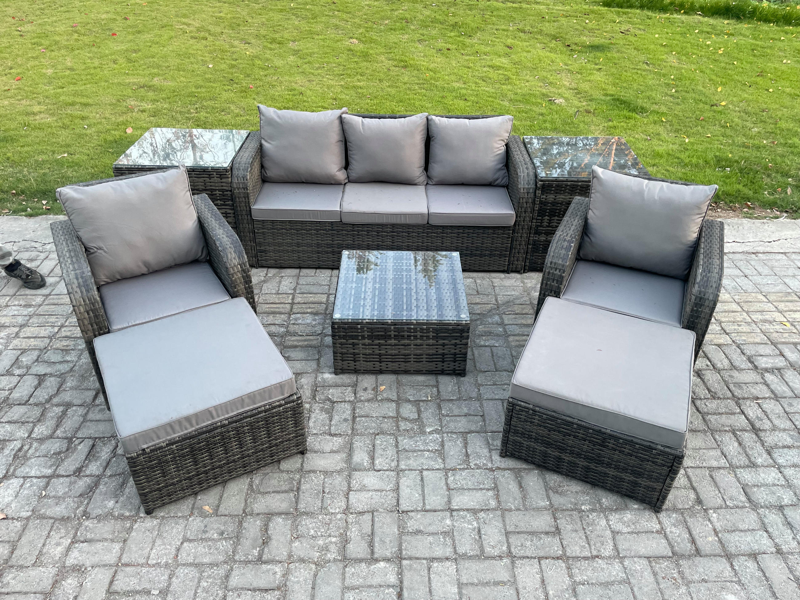 GARTENMÖBELGARNITUR mit KISSEN Polyrattan Dunkelgrau 7-Sitzer - Dunkelgrau/Grau, Glas/Kunststoff - Fimous
