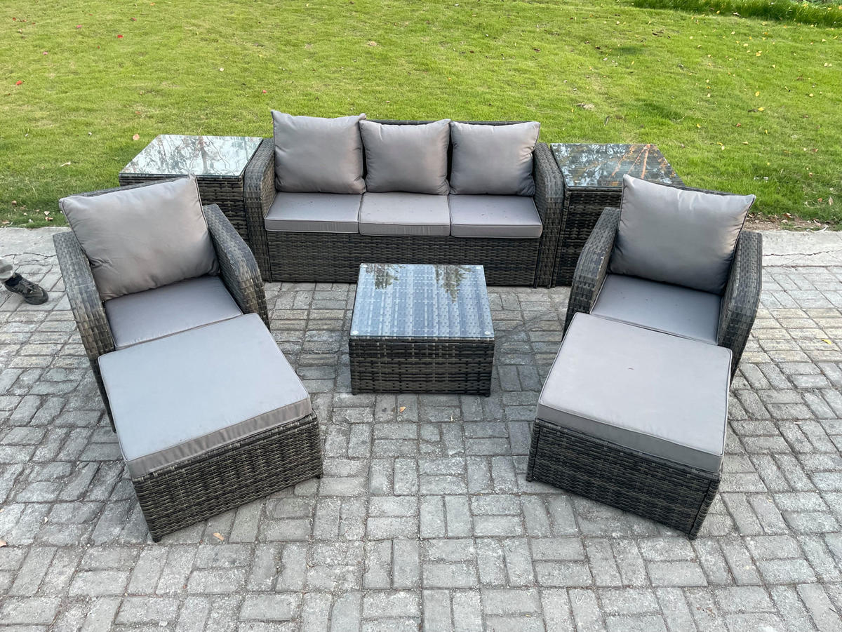 GARTENMÖBELGARNITUR mit KISSEN Polyrattan Dunkelgrau 7-Sitzer - Dunkelgrau/Grau, Glas/Kunststoff - Fimous