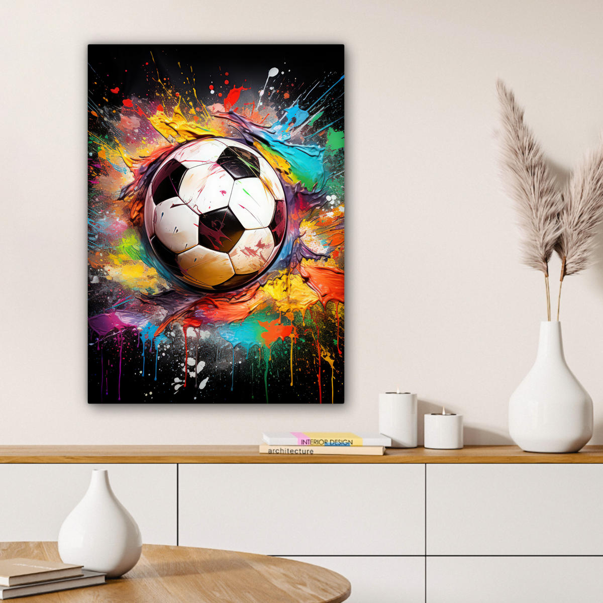 LEINWANDBILD Fußball - Farbe - Farben - Schwarz - Weiß Wandbild Wohnzimmer 60x80 cm - Weiß, Textil (60/80cm) - MuchoWow