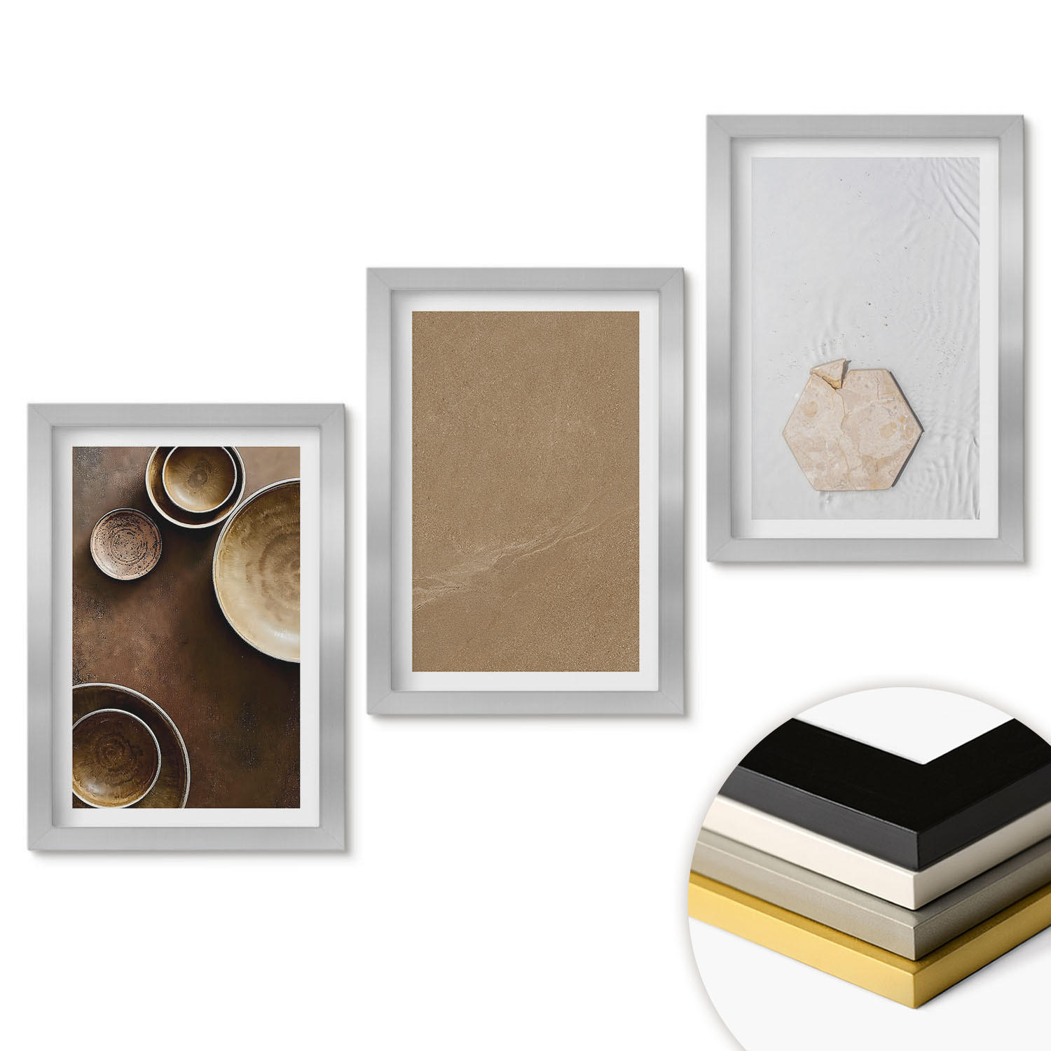 WANDBILDER 3er Set - 20x30 cm Silberner Rahmen - Minimalistische Texturen und Farben - Silberfarben, Kunststoff (20/30cm) - ArtPrintCave