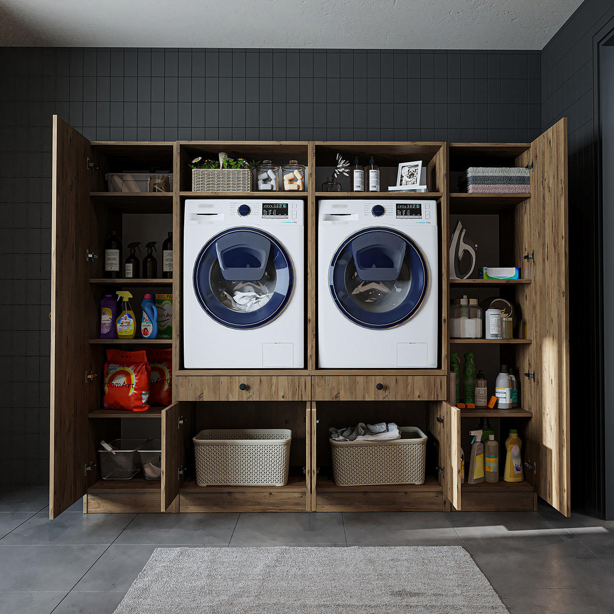 WASCHMASCHINENSCHRANK Serie 1 224cm Breit, 184cm Hoch - Eichefarben, Holzwerkstoff (224/184/67cm)