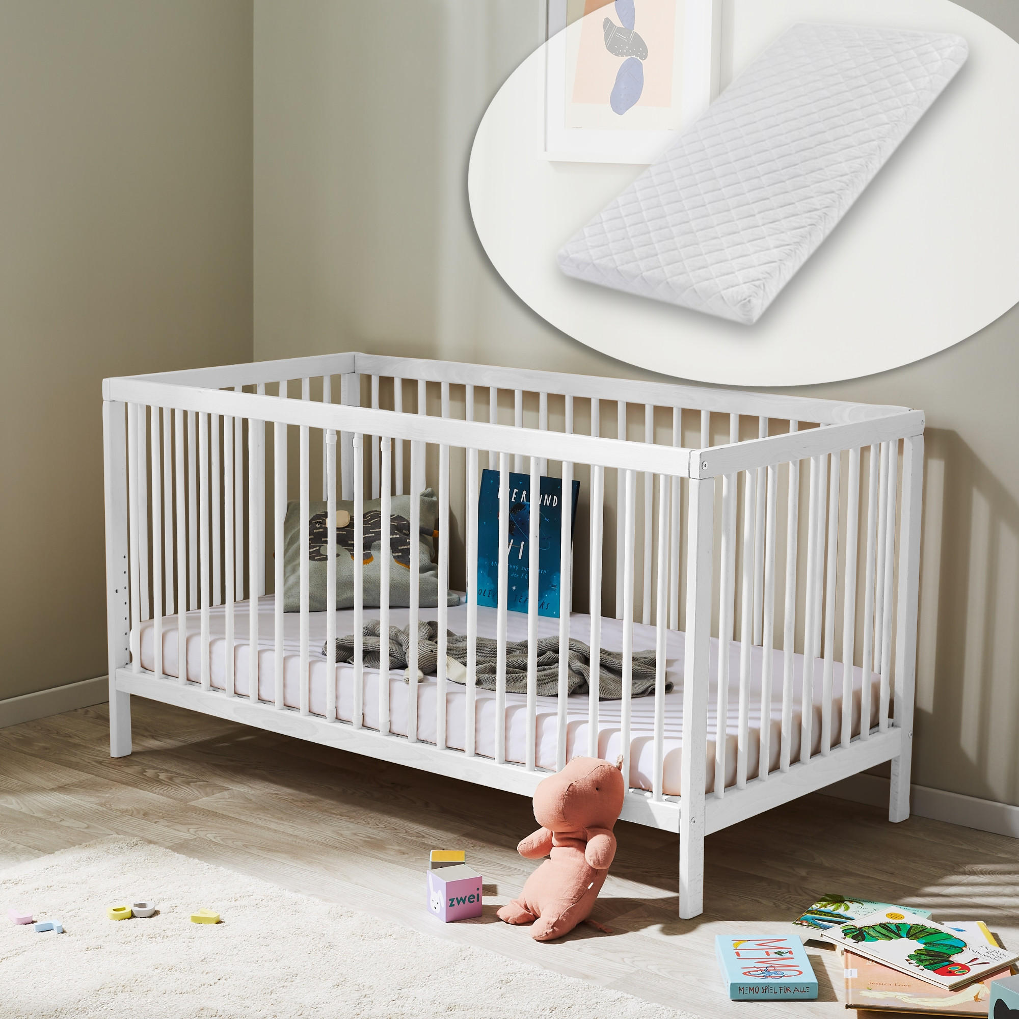 BABYBETT mit Matratze 70x140 cm in Weiß - Weiß, Holz (70/140cm) - Kids Collective