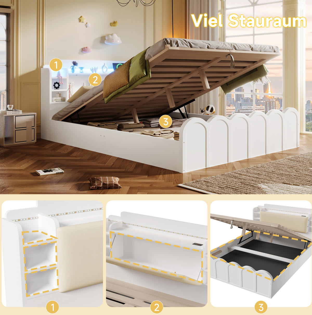 POLSTERBETT 140/200 cm Weiß aus Particle Board mit LED-Beleuchtung und Stauraum - Weiß, Holzwerkstoff (140/200cm) - OKMYHOME