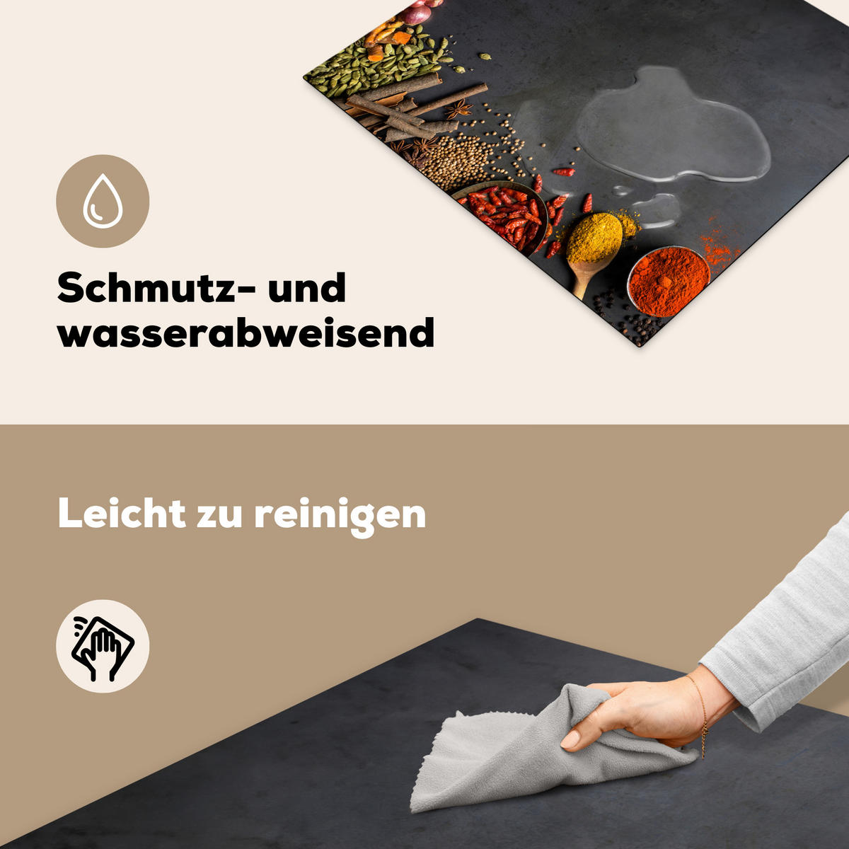 HERDABDECKPLATTE Kräuter - Lebensmittel - Gewürze - Schwarz - Paprika - Zimt Abdeckung Ceranfeld 57.6x51.6 cm - Currygelb, Kunststoff (57.6/51.6/0.2cm) - MuchoWow