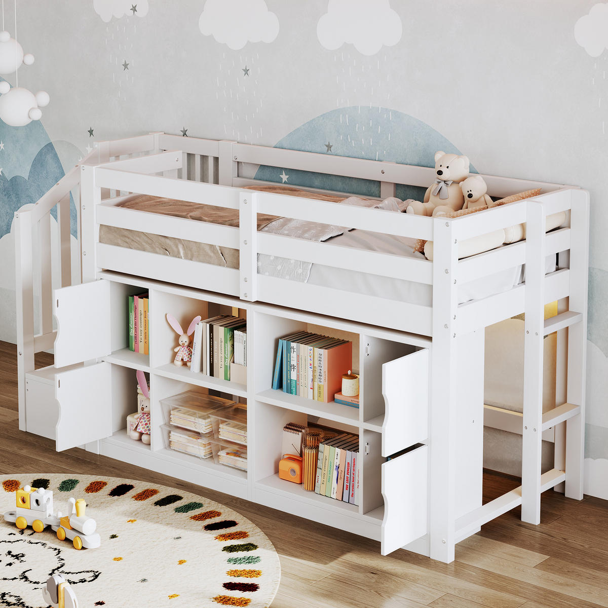 HOCHBETT 90 x 200 cm mit Ablagefächern, Schränken, Treppe mit Stauraum und LED-Beleuchtung, Weiß - Weiß, Holz (90/200cm) - KOMHTOM