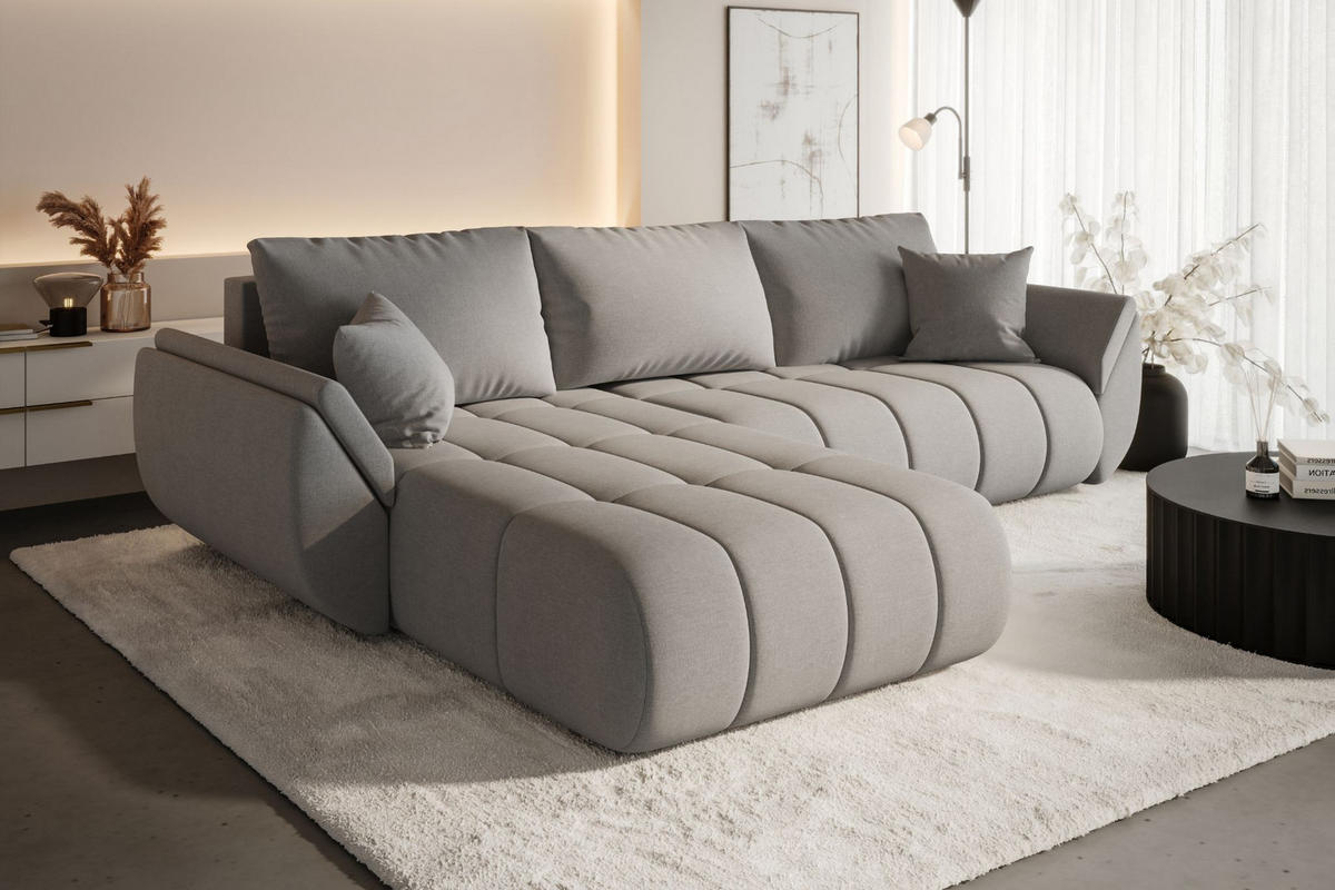ECKSOFA TOKYO PREMIUM mit Schlaffunktion, Stoff WIND, Grau, Links - Grau, Holz (280/190cm) - Kaiser Möbel