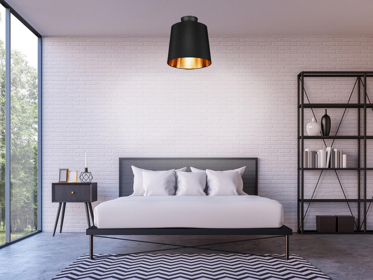 DECKENLAMPE Ø30cm, Stoffschirm Schwarz Gold - Goldfarben/Schwarz, Textil (30/30/32cm) - meineWunschleuchte