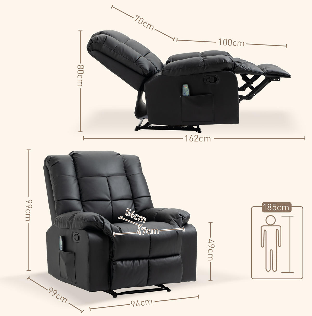 MASSAGESESSEL 94/99/99 cm in Schwarz mit 8-Punkt-Massage und Relaxfunktion - Schwarz, Kunststoff (99/99/94cm) - Flora Grace