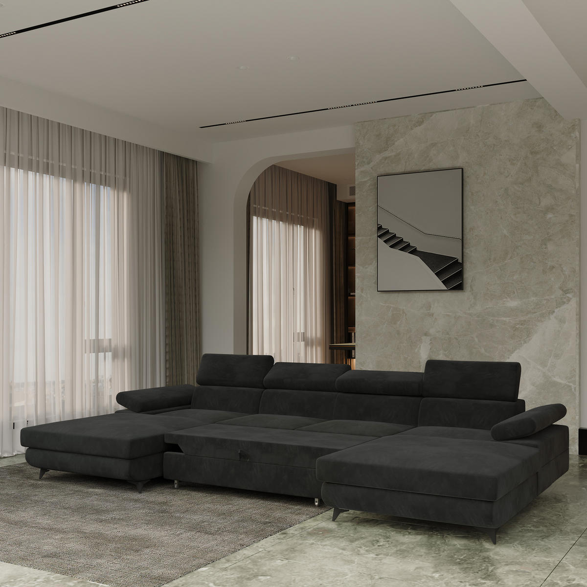 WOHNLANDSCHAFT DETTI Schwarz Velours-Stoff mit Schlaffunktion - Schwarz, Holz (339/89/190cm) - MASSENO