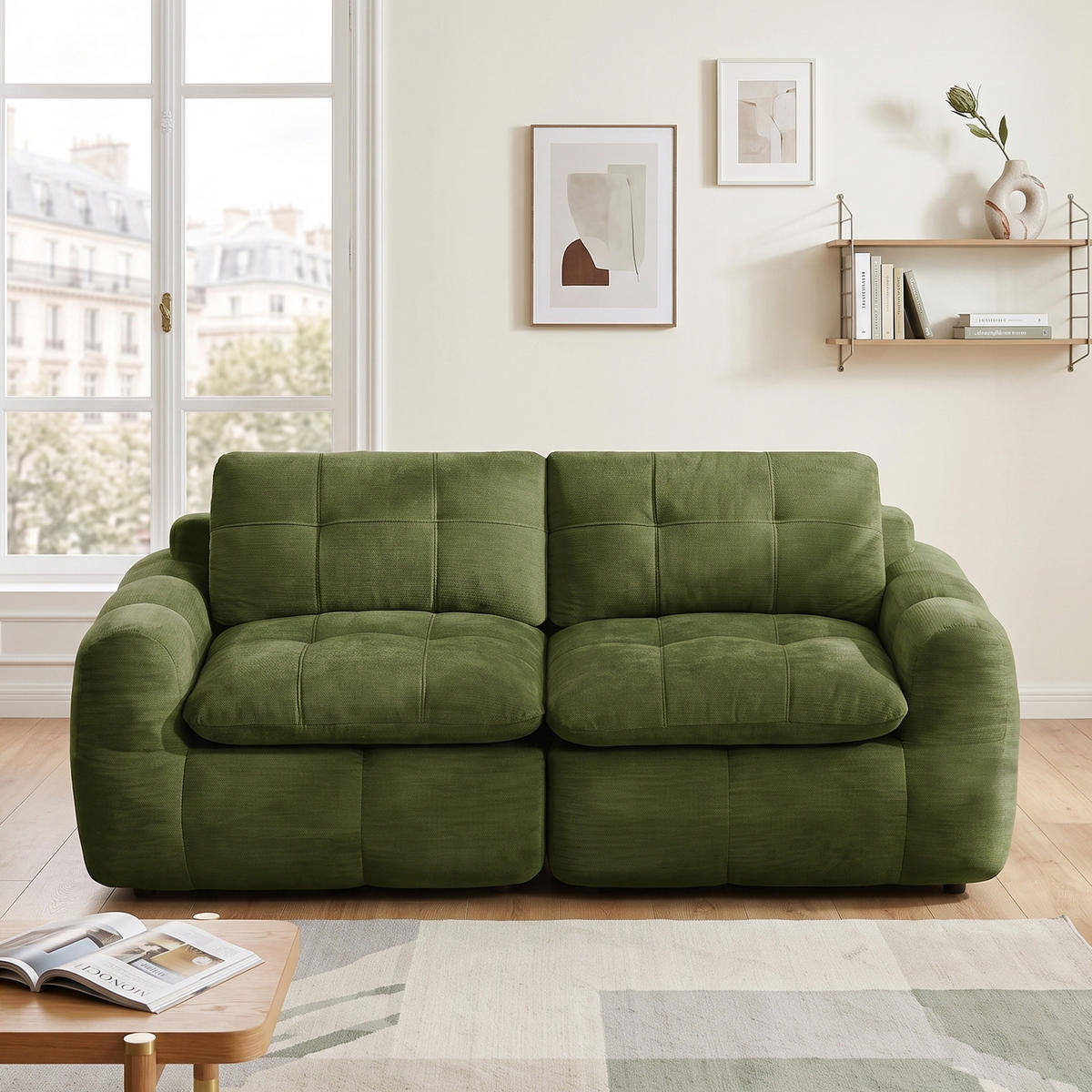 2-SITS SOFFA Chenille grön med kvadratisk tuftning, monteringsfri - Grön, Textil (194/68/97cm) - Urban Meuble