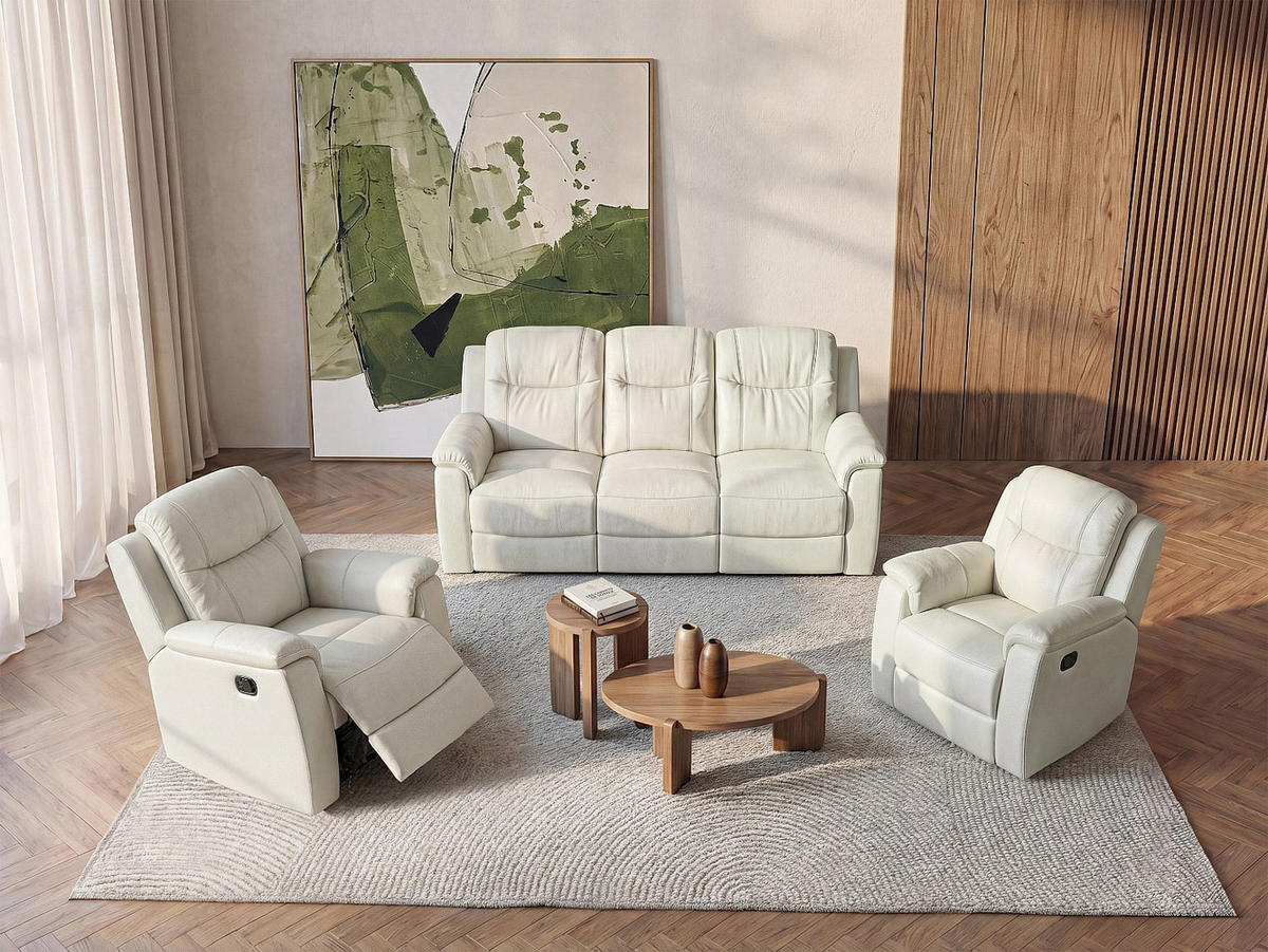 COUCHGARNITUR mit Sessel - 5 Personen - leder - elfenbeinfarben Evasion - Weiß, Leder (205/100/96cm) - Vente-Unique