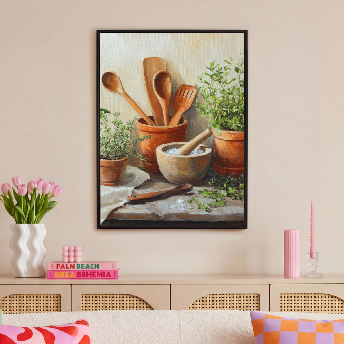LEINWAND Bilder mit Rahmen - Töpfe - Kräuter - Holz - 70x100 - Terracotta, Textil (70/100cm) - MuchoWow