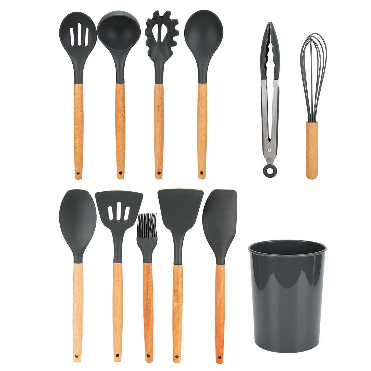 KÜCHENHELFER-SET, 12-teilig, Silikon, Buchenholz, hitzebeständig, BPA-frei, mit Behälter - Schwarz, Metall - PARAFTA HOME