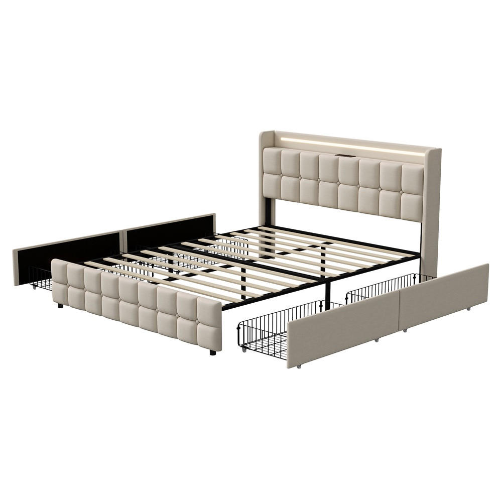 POLSTERBETT 180x200 cm Square Smart mit RGB-LED, EU-Steckdosen & USB-Ports, 4 Schubladen, Leinen-Optik, Beige - Beige, Textil (180/200cm) - DELFA