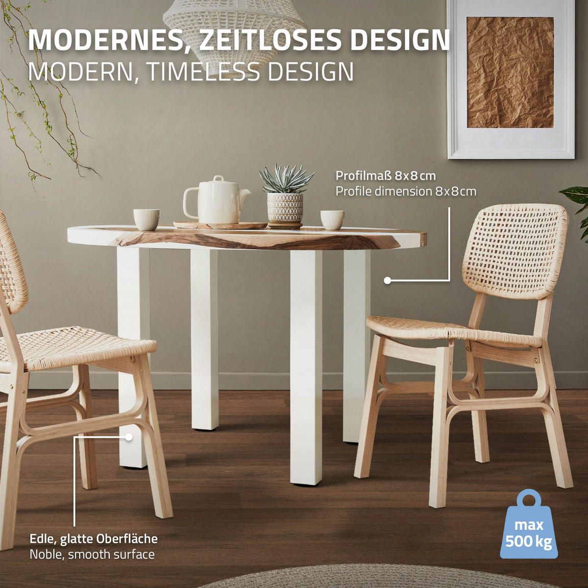 TISCHBEINE 4er Set I-Design H:72 cm Weiß 8x8 cm - Weiß, Metall (8/72/8cm) - ML-DESIGN