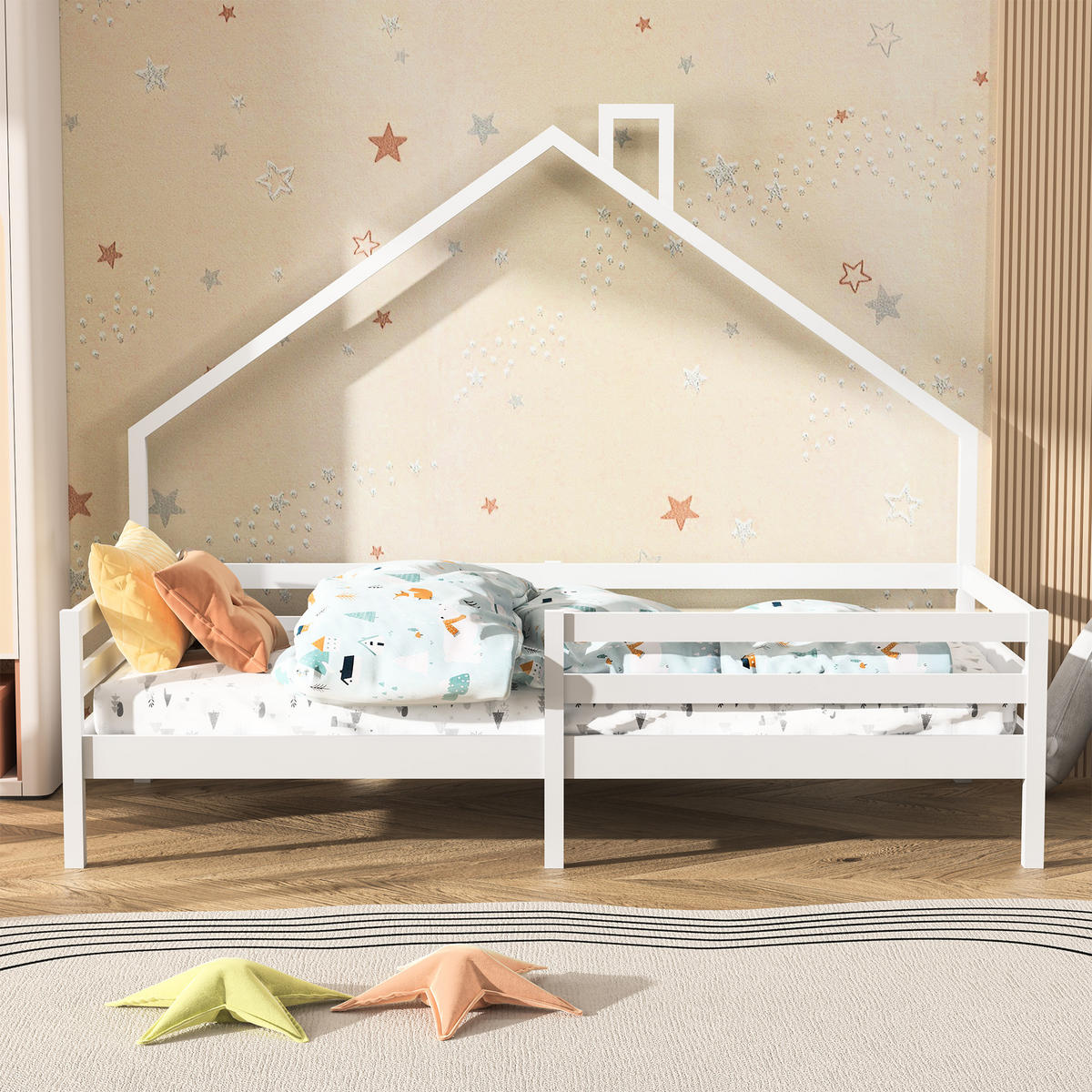 HAUSBETT 90x200cm mit Rausfallschutz und Lattenrost, Weiß - Weiß, Holz (90/200cm)
