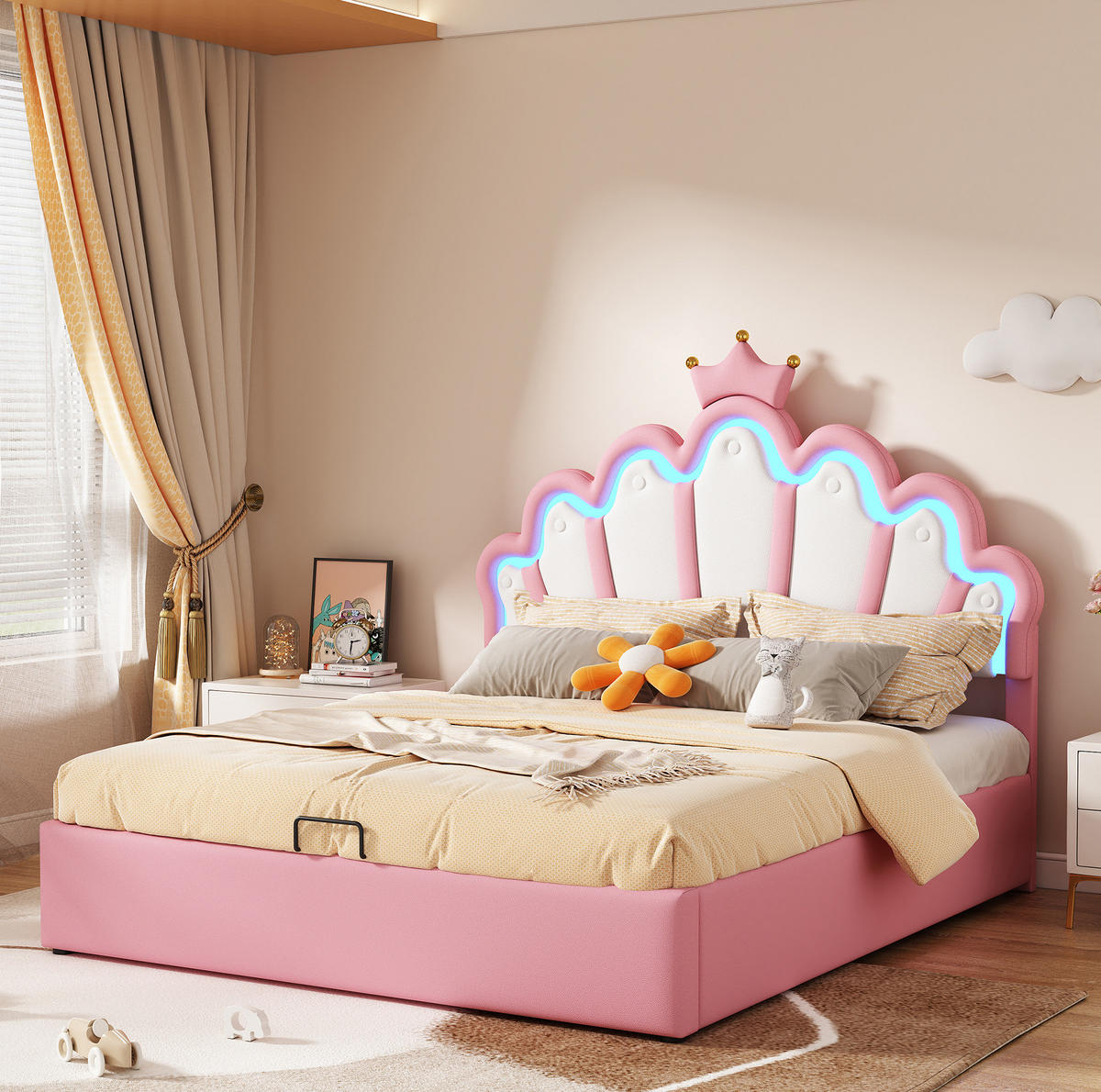 POLSTERBETT aus PU-Kunstleder 140x200 cm Rosa mit LED-Beleuchtung, hydraulischem Bettkasten und Kronen-Kopfteil - Rosa, Kunststoff (140/200cm) - Modfu