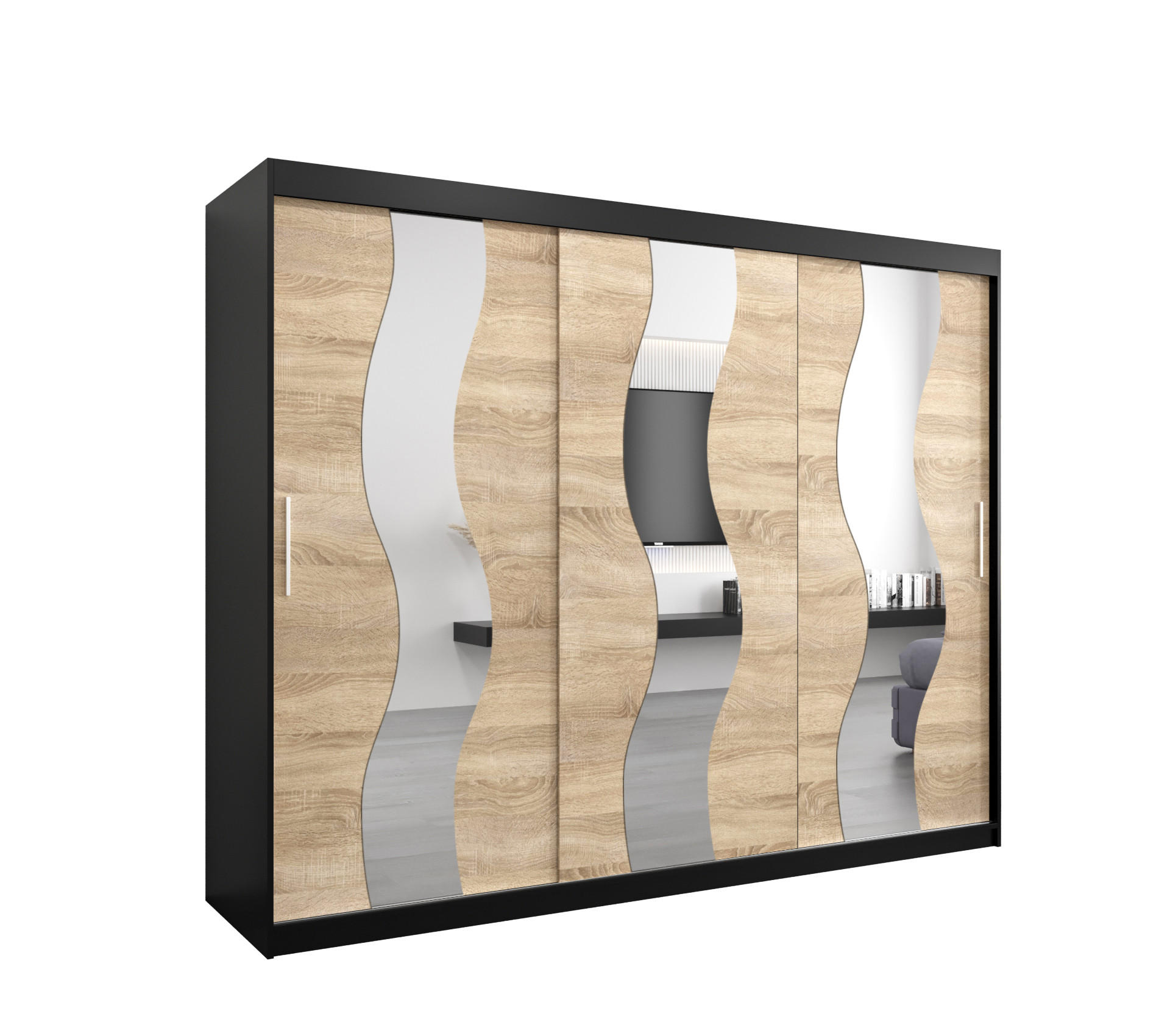 Abiks Möbel Schwebetürenschrank Schwarz, Sonoma Eiche 250x200x62 cm