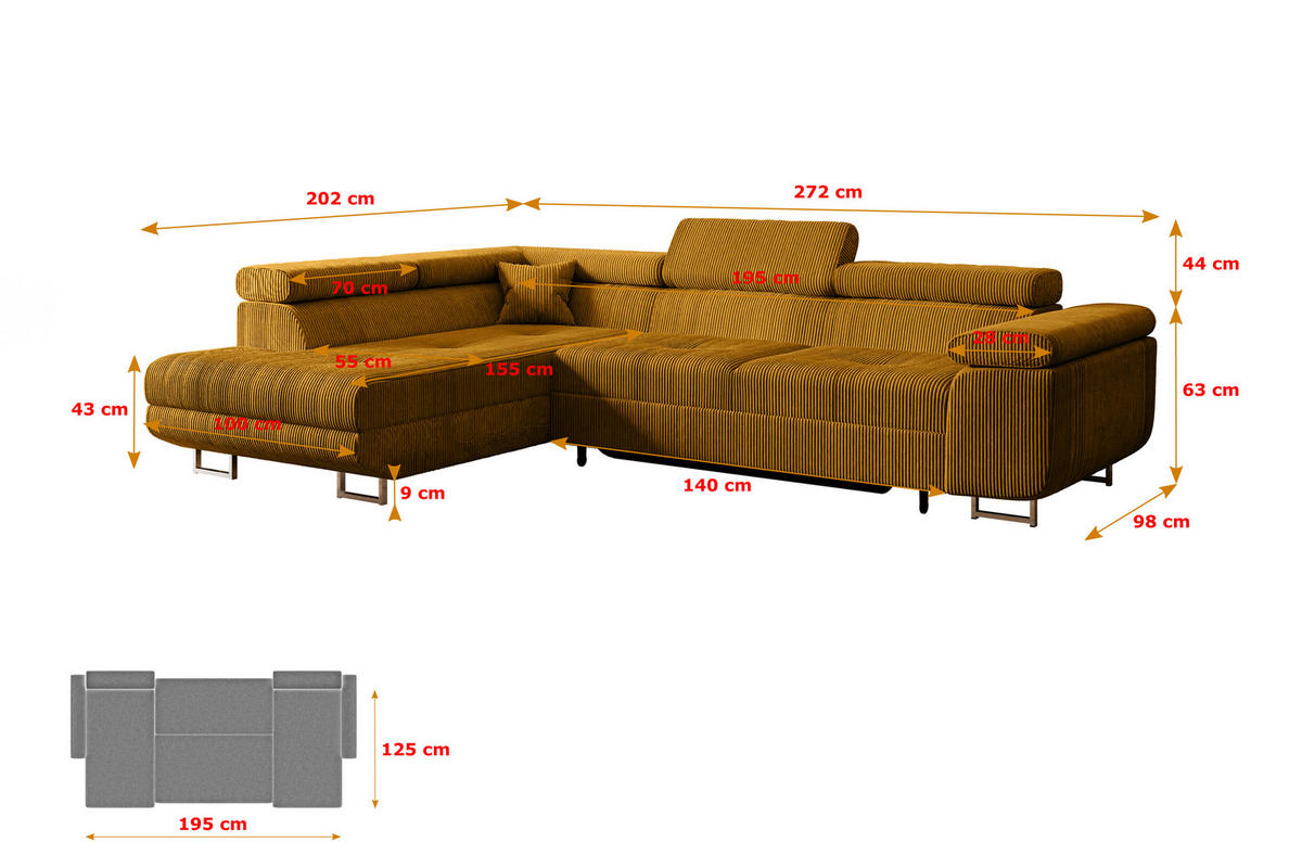 ECKSOFA mit Schlaffunktion und Bettkasten GUSA-L 272x202x107 cm Senfgelb Cord - Gelb/Silberfarben, Holzwerkstoff/Textil (202/272cm) - ALTDECOR
