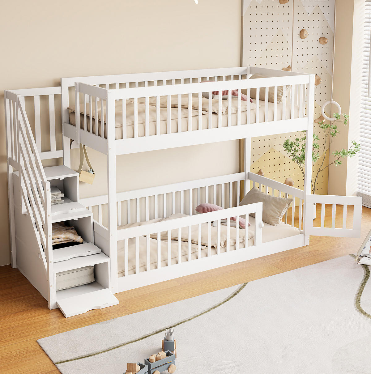 ETAGENBETT Holz 90x200 cm Weiß mit Stauraumtreppe und Schubladen, Kinderbett mit Sicherheitsgitter - Weiß, Holz (90/200cm) - Modfu