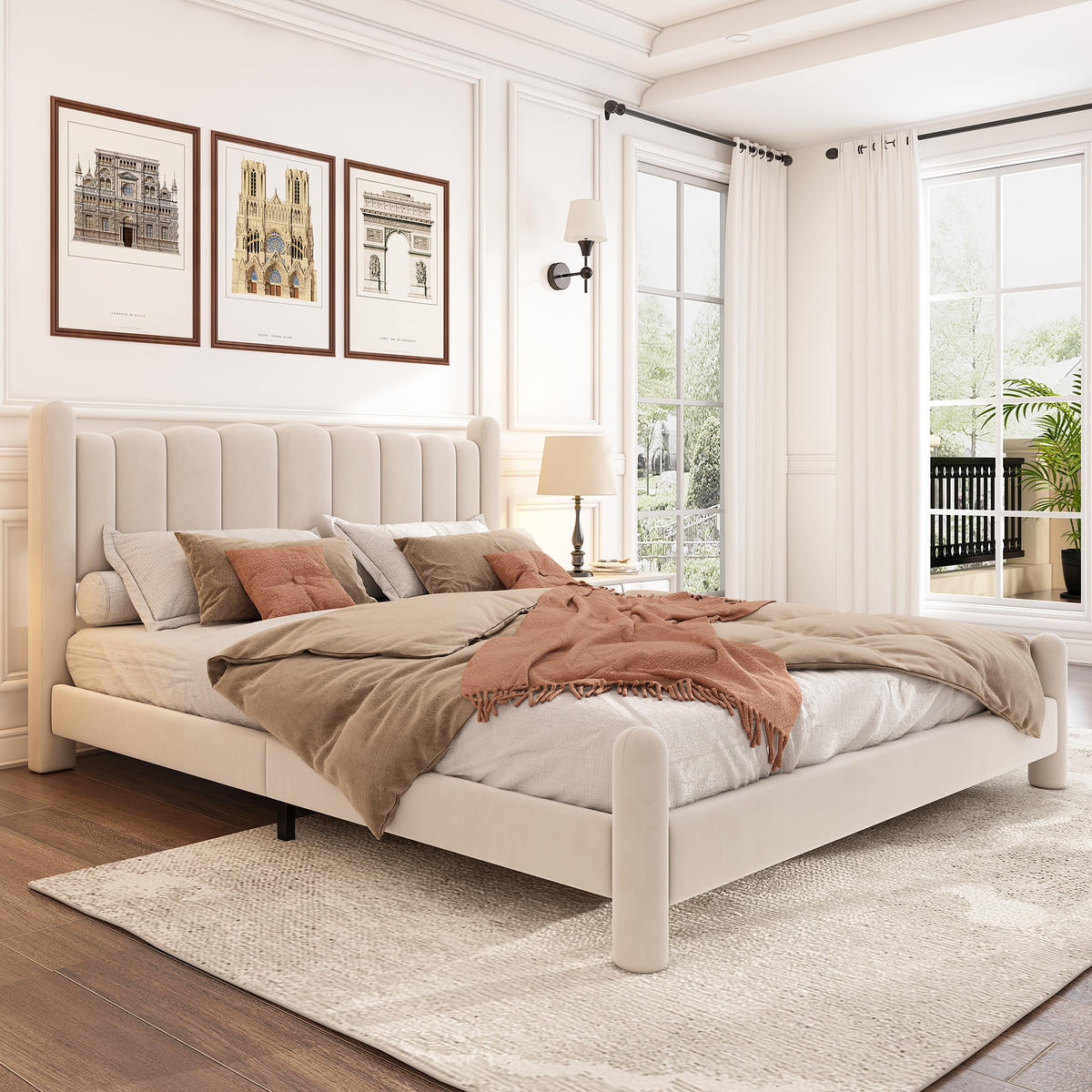 POLSTERBETT 180/200 cm beige aus Samt mit Lattenrost und Wellenkopfteil - Beige, Textil (180/200cm) - OKWISH