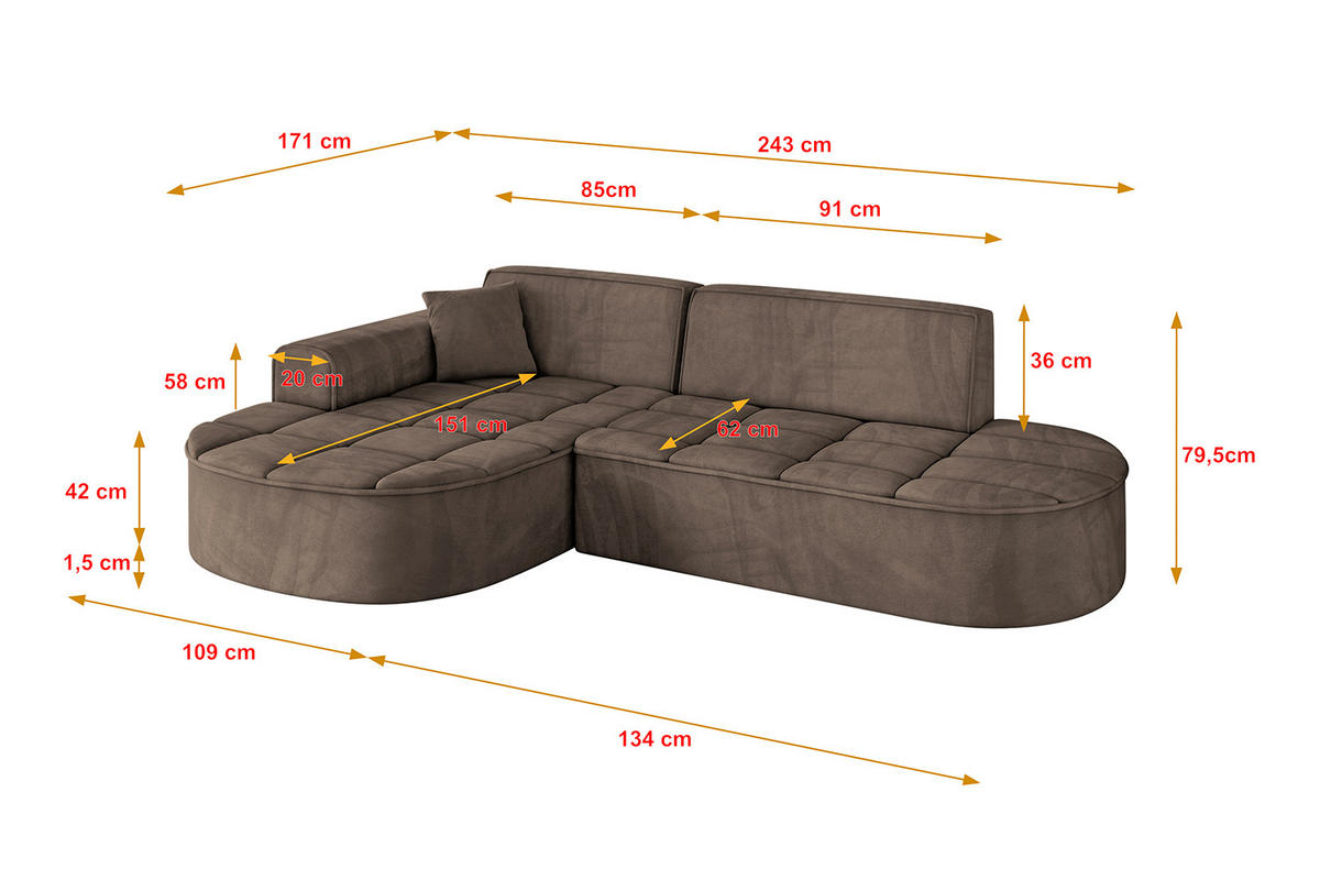 ECKSOFA Ottomane Links TARO-L1 - 243x171x79,5 cm Braun - Braun, Holzwerkstoff/Textil (243/171cm) - ALTDECOR