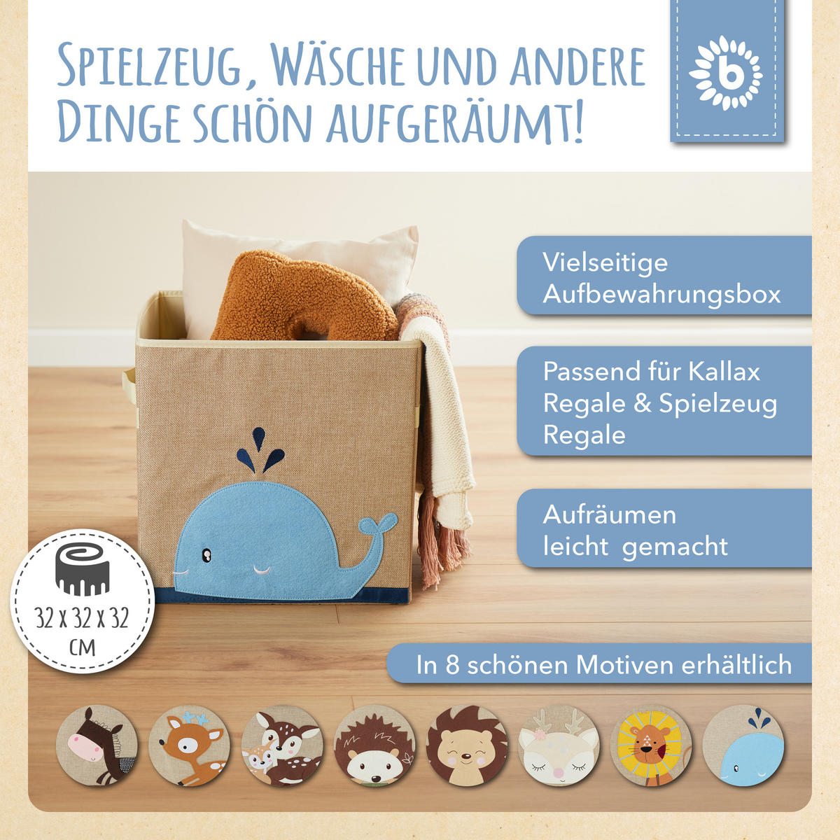 AUFBEWAHRUNGSBOX Kinder Kallax Wal - Blau/Beige, Textil (33/33cm) - Bieco Spielwaren