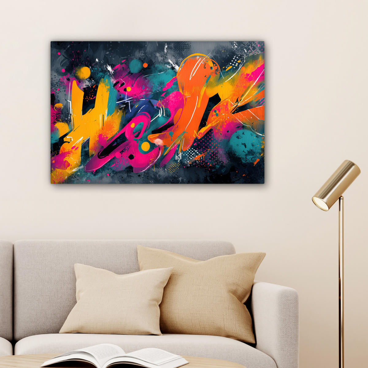 LEINWANDBILD Abstrakt - Graffiti - Farbenfroh - Farbspritzer Wanddeko 90x60 cm - Multicolor, Textil (90/60cm) - MuchoWow