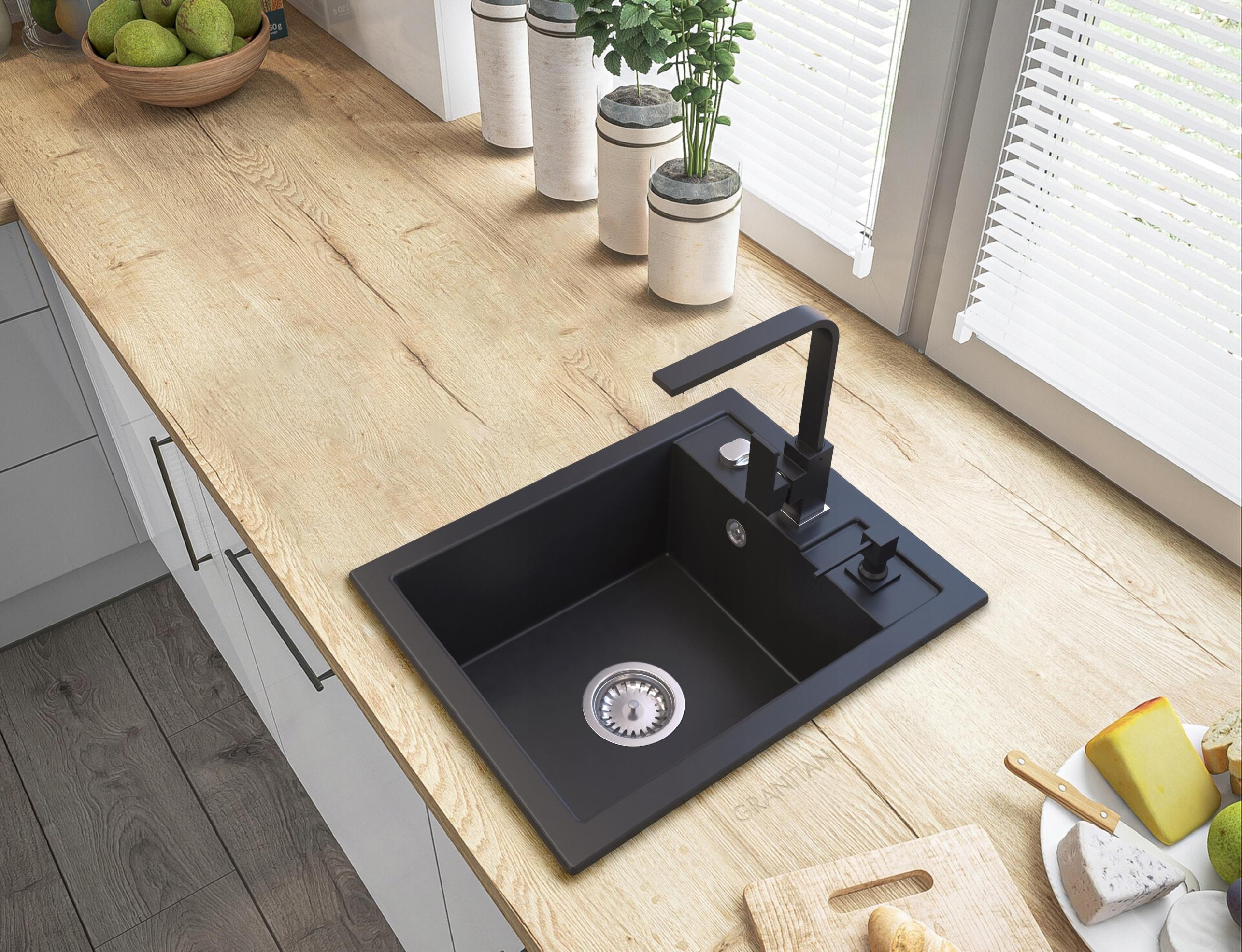 SPÜLBECKEN Best mit Batterie Siphon - Schwarz, Kunststoff/Stein (50/40/18cm) - Granitan