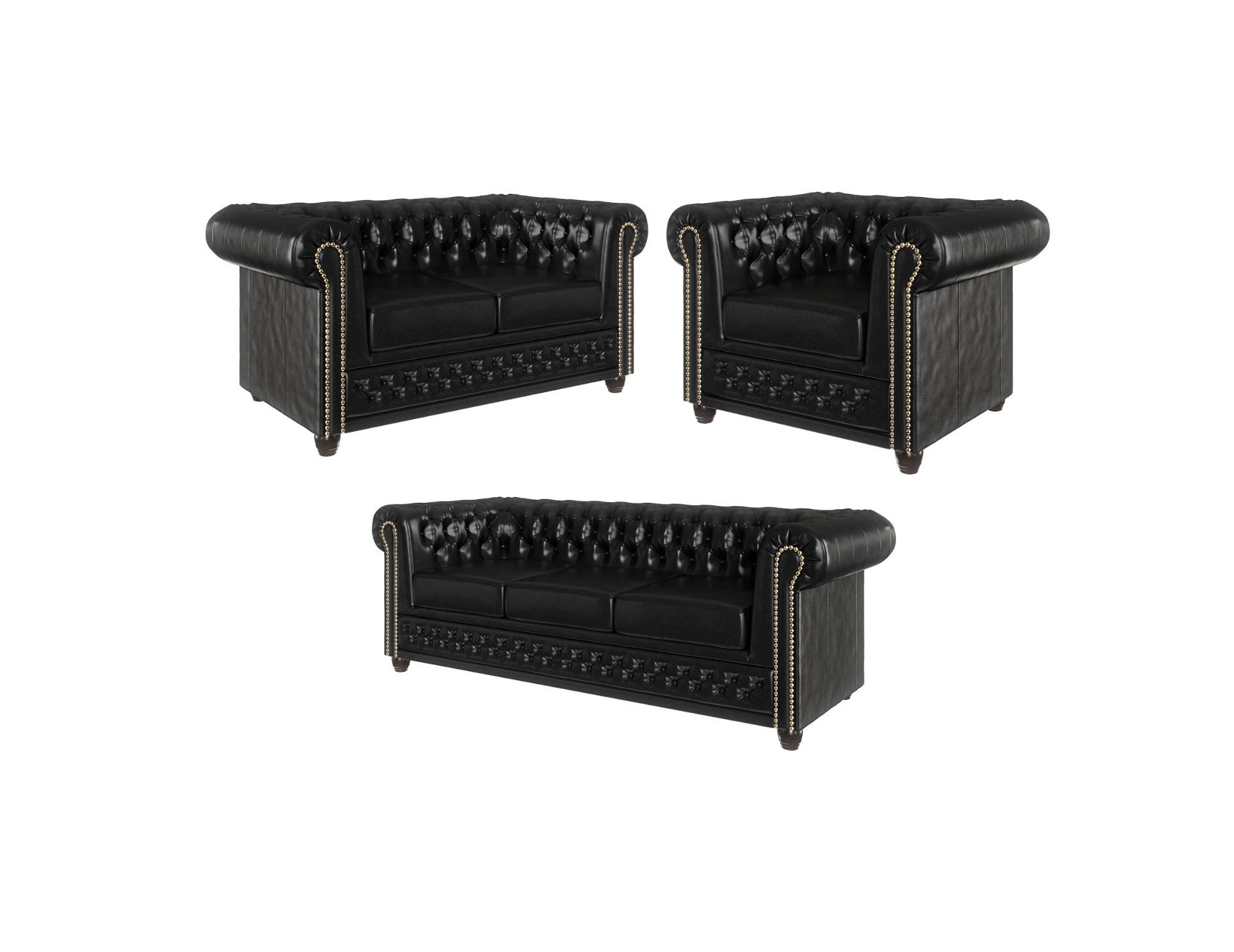 SITZGARNITUR 3+2+1 mit Schlaffunktion Chesterfield Morin Schwarz Vegan Leder - Schwarz/Braun, Buchenholz/Textil (203/72/86cm) - S-Style Möbel