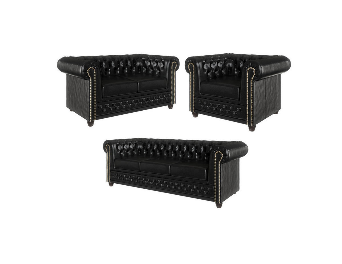 SITZGARNITUR 3+2+1 mit Schlaffunktion Chesterfield Morin Schwarz Vegan Leder - Schwarz/Braun, Buchenholz/Textil (203/72/86cm) - S-Style Möbel