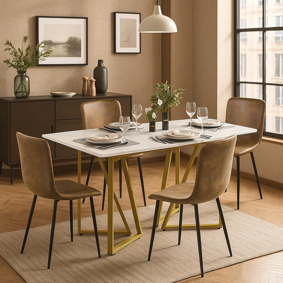 ESSTISCH SET Marmoroptik Weiß mit 4 Stühlen Wildlederoptik Braun - Braun, Holzwerkstoff (160/74/73cm) - Urban Meuble