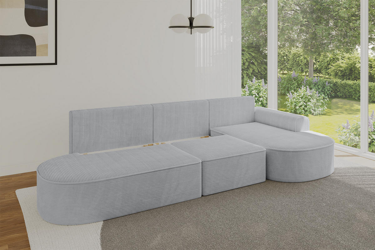 ECKSOFA mit Schlaffunktion Ottomane RECHTS MARI L2-S 368X167X85 Grau Cord - Alufarben/Schwarz, Holzwerkstoff/Kunststoff (167/368cm) - ALTDECOR