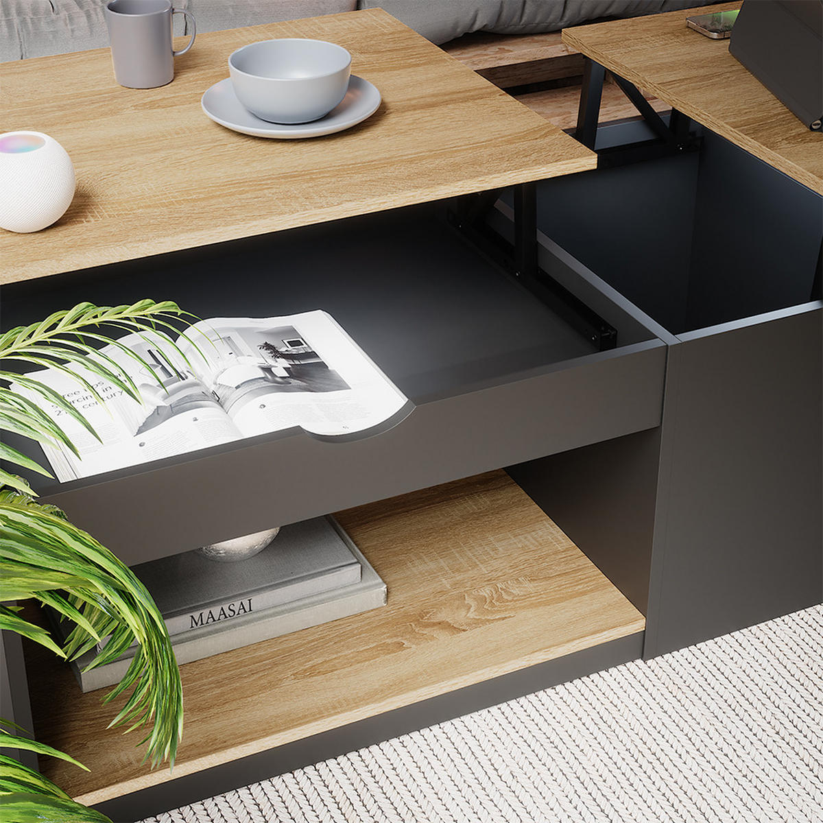 COUCHTISCH Avela Schwarz 110 x 110 cm - Schwarz/Sonoma Eiche, Holzwerkstoff (110/55/54cm) - Vicco