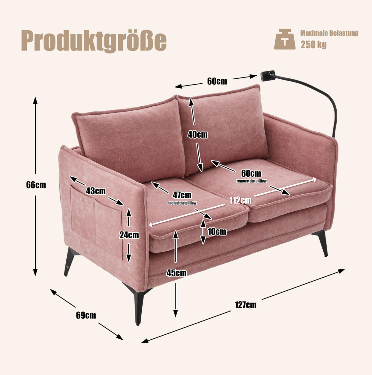 SOFA 2-Sitzer mit Handyhalterung und Ablagefächern Chenille Pink 127/69/66 cm - Rosa, Textil (127/66/69cm) - OKWISH