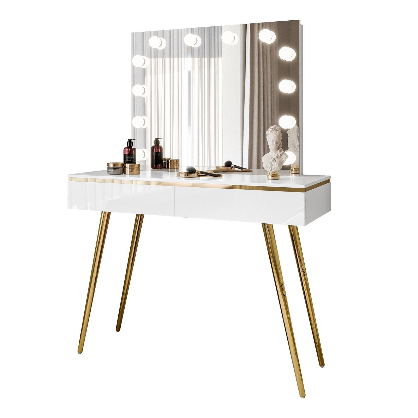 SCHMINKTISCH AURORA-S ELITE in Weiß hochglanz mit Spiegel - Weiß Hochglanz/Goldfarben, Holzwerkstoff/Metall (102/145/44cm) - Lookway