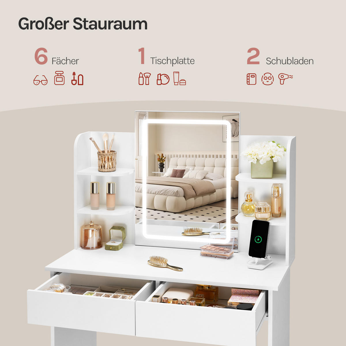 SCHMINKTISCH mit LED-Beleuchtung Spiegel Weiß - Weiß, Glas/Holzwerkstoff (90/135/40cm) - Woltu