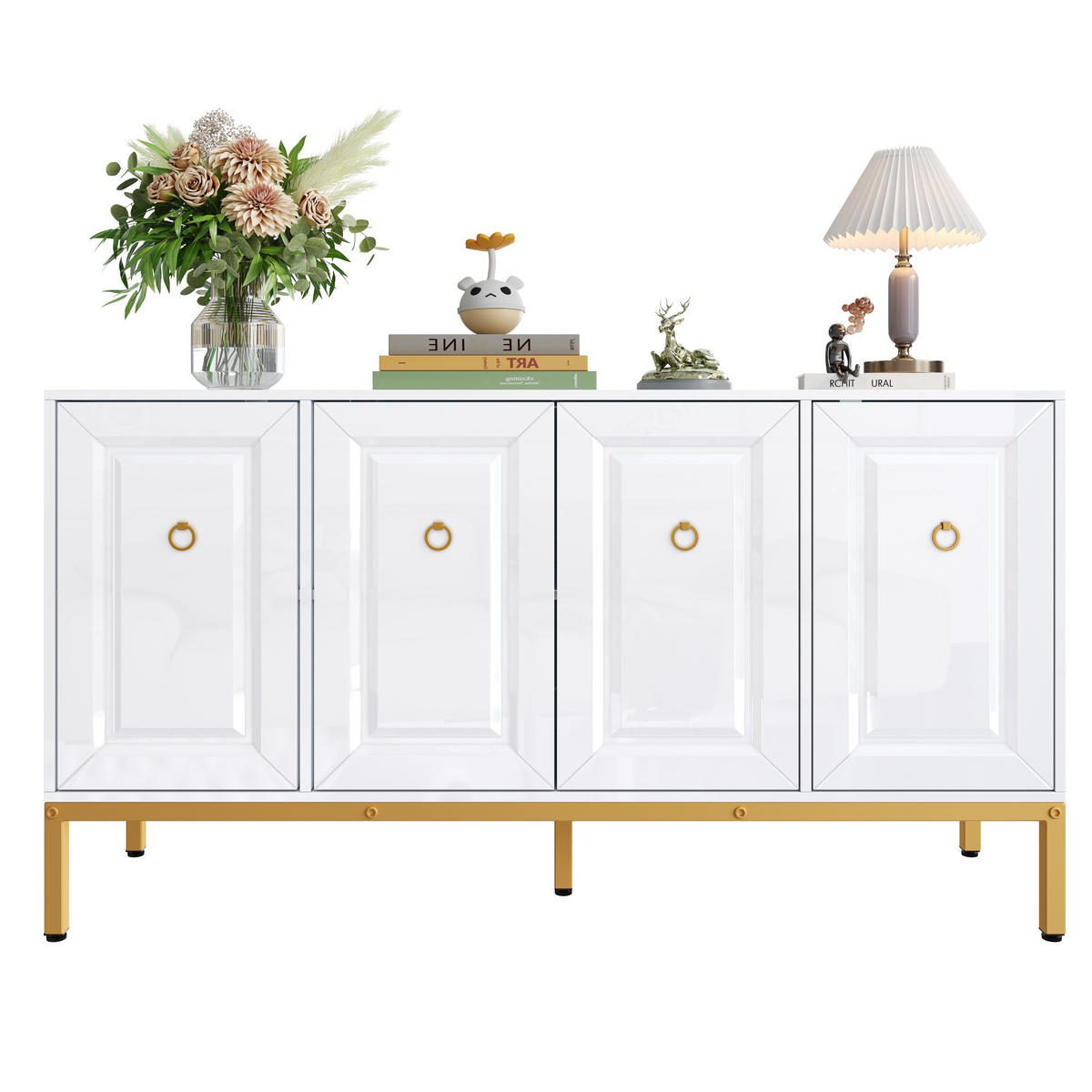 SIDEBOARD in Hochglanz Weiß mit goldenen Metallbeinen und eleganten Ringgriffen, 140/40/80 cm, Weiß/Gold - Weiß, Holzwerkstoff (140/80/40cm) - Redom